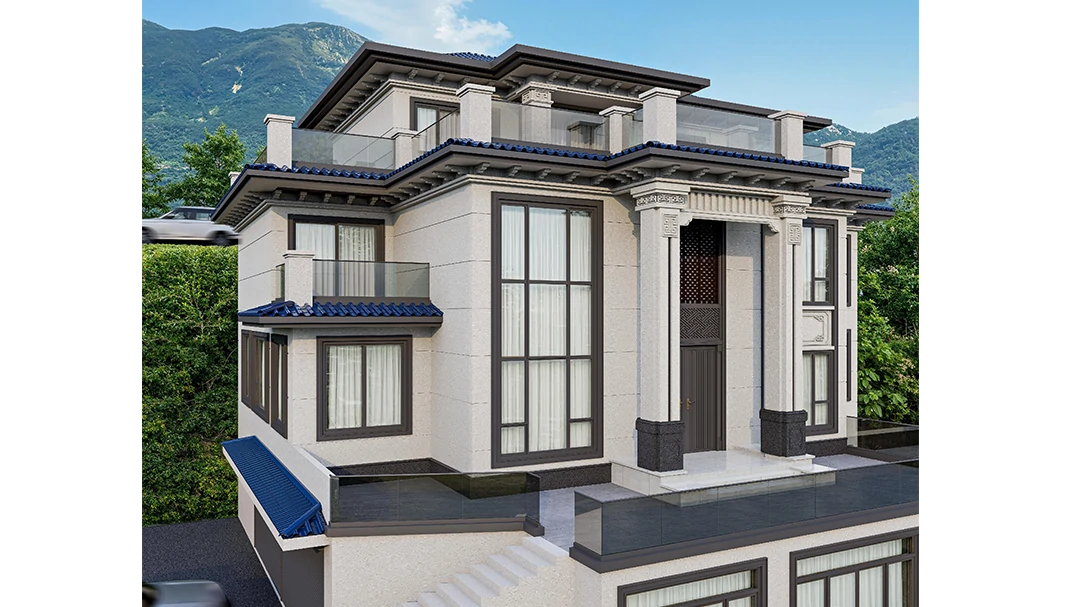 广西三江别墅外墙效果图_外墙漆效果图_新中式风格_无机艺术外墙漆_莫奈无机西班牙洞石